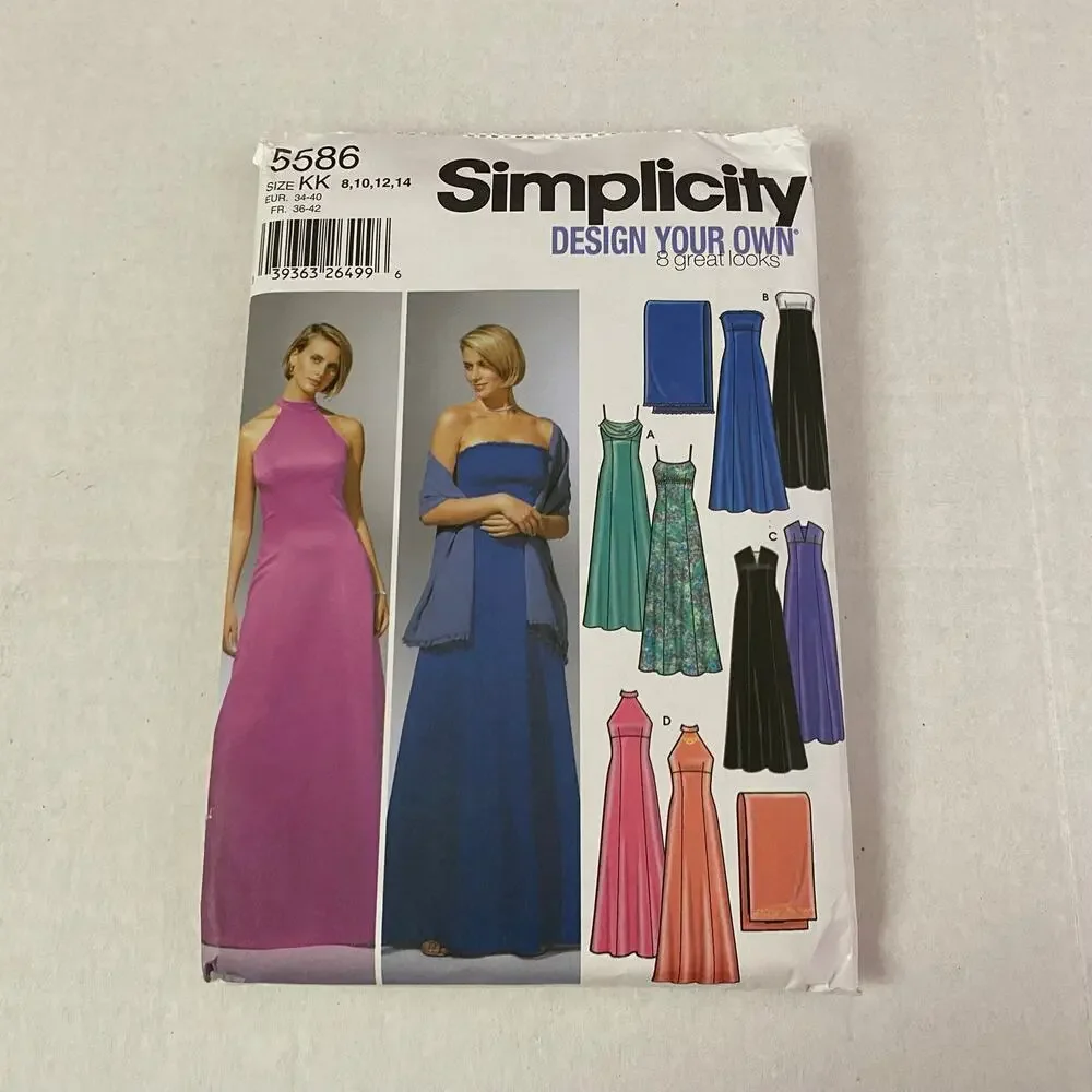Simplicity 5586 Evening Gown Sewing Pattern Size 8 10 12 14 Formal Vintage UNCUT